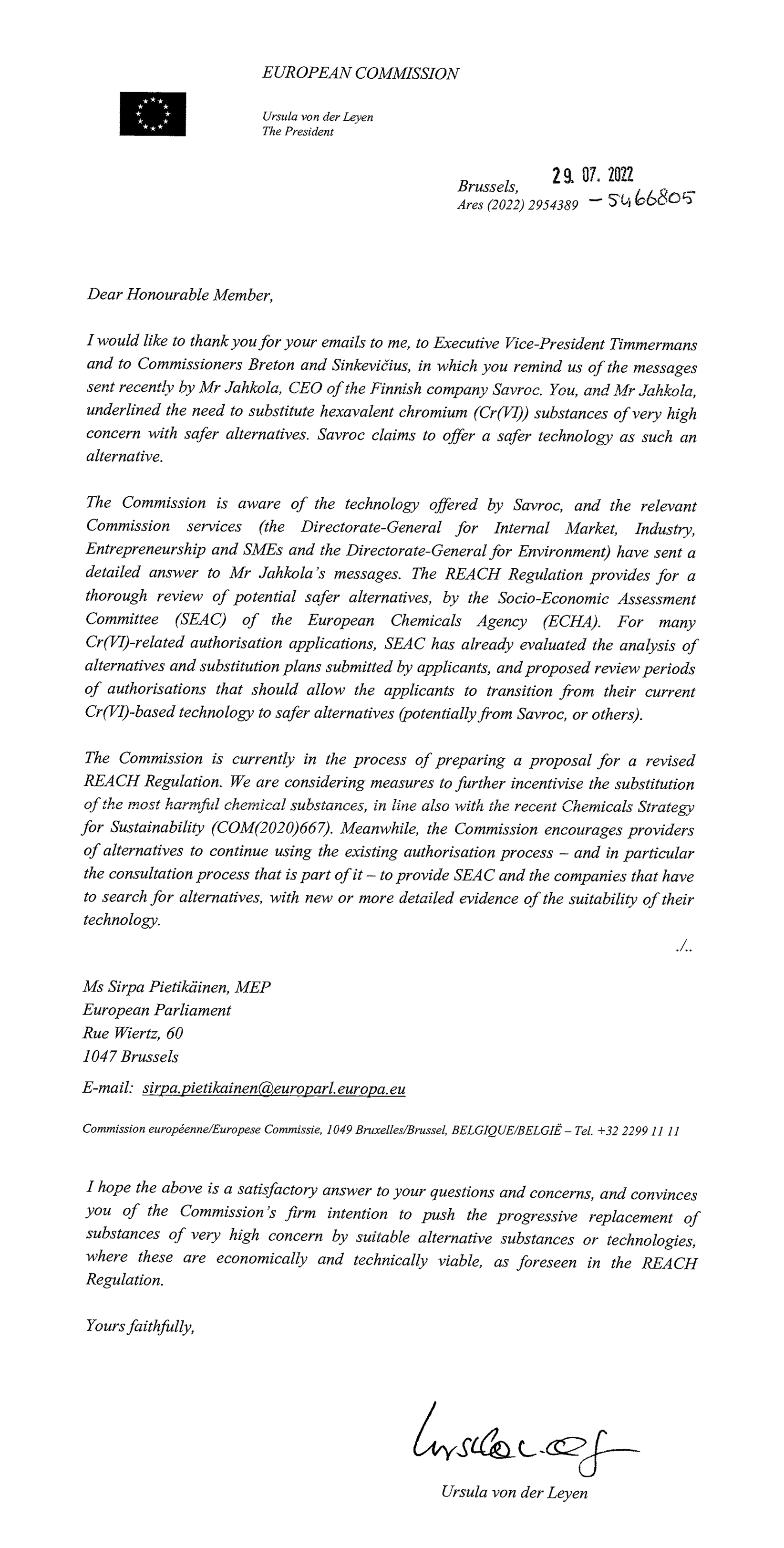 Ursula von der Leyen response to Savroc’s letter - Savroc